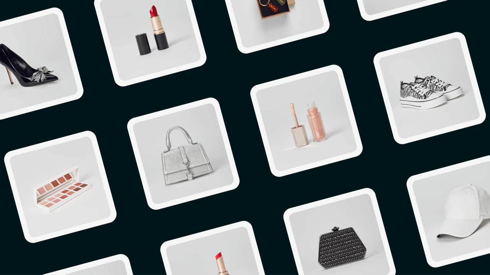 A picture with various fashion products displayed on a black background.