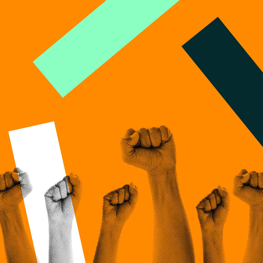 Creative collage graphic featuring raised fists and bold geometric shapes symbolizing digital experiences and innovation.