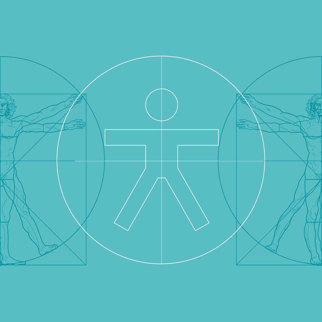 Graphic inspired by Leonardo da Vinci’s Vitruvian Man with geometric lines and a human icon, representing global accessibility and inclusive design principles.
