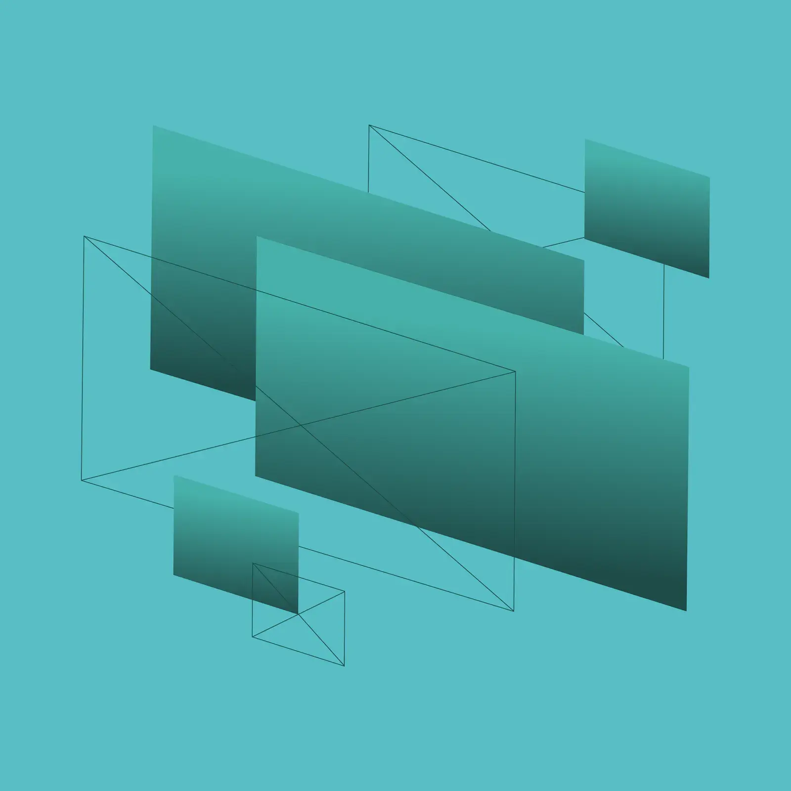 Abstract illustration of layered geometric panels and wireframe shapes on a teal background, representing digital systems or data architecture.