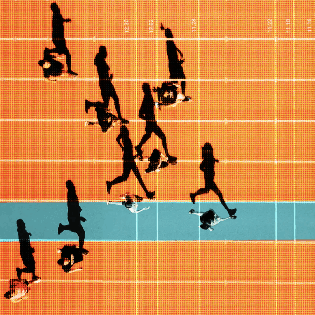 Abstract illustration of people walking across a grid representing user journeys and design sprint mapping.