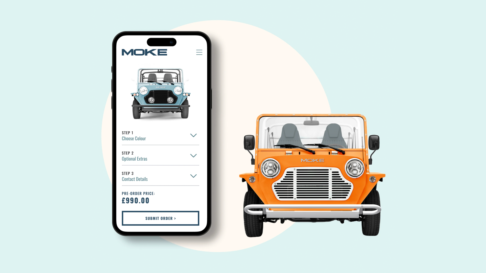 A picture showing a little orange MOKE car and a smartphone next to it. On the smartphone's screen we can see a mobile version of the MOKE website.