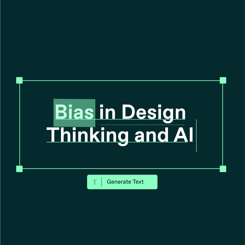 Graphic illustrating bias in design thinking and artificial intelligence with AI text generation interface.