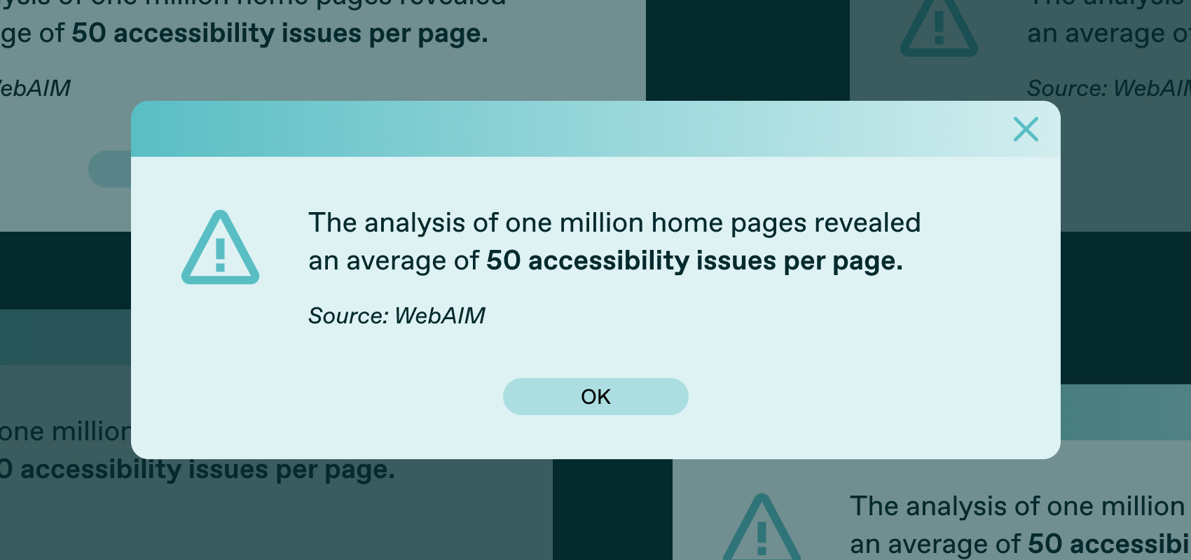 The analysis of one million home pages revealed an average of 50 accessibility issues per page. (Source: WebAIM)