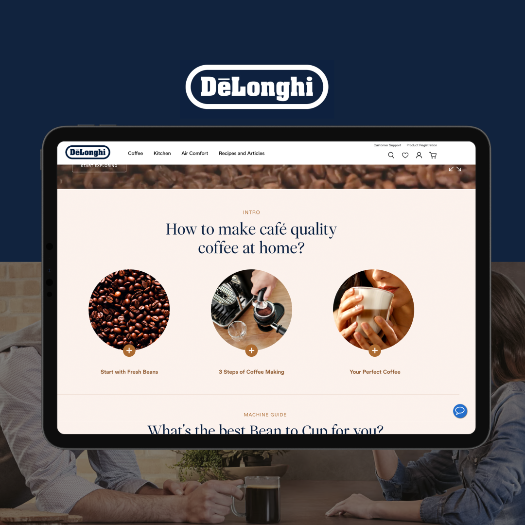 Tablet displaying the De’Longhi website guide on how to make café-quality coffee at home, featuring steps with fresh beans, coffee preparation, and enjoying the finished drink.