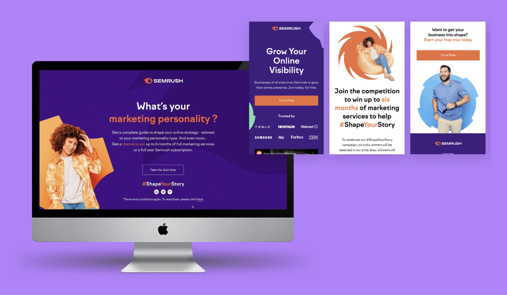 Desktop and mobile screens displaying a Semrush marketing campaign, featuring a website landing page and promotional banners focused on online visibility and marketing tools.