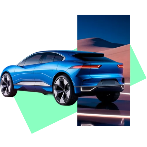 Futuristic blue electric car with geometric shapes and desert dunes in the background