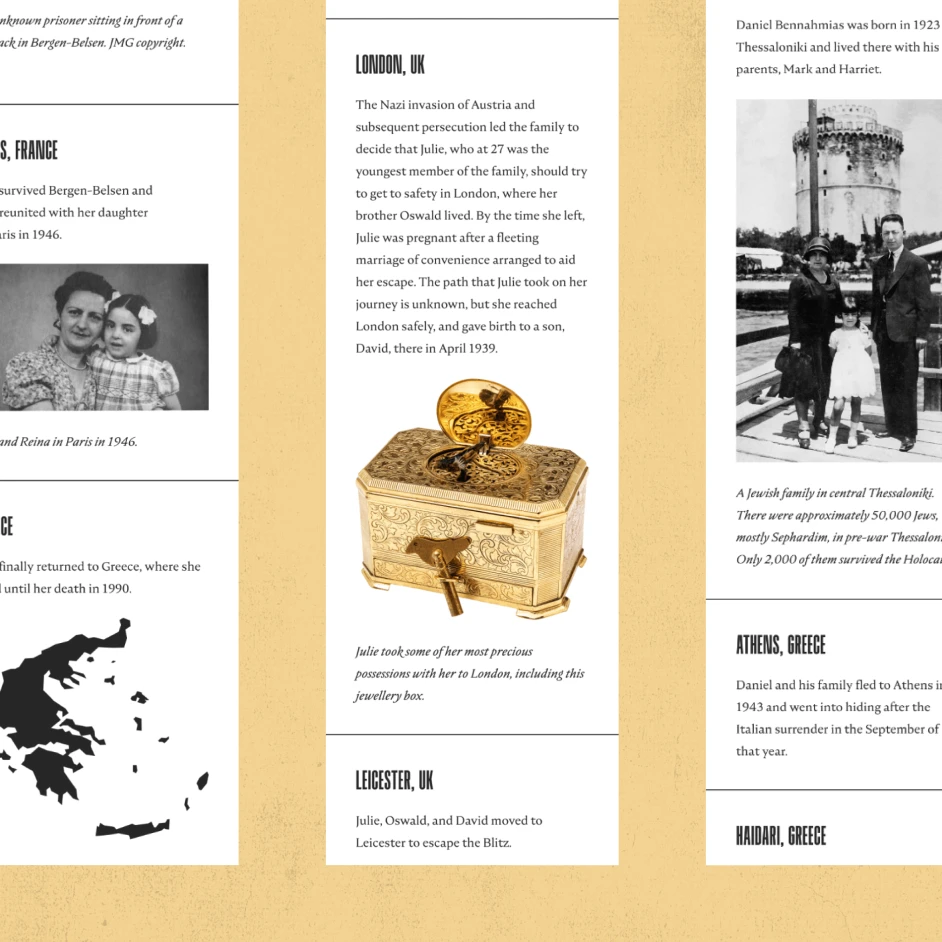 Editorial-style layout with historical text columns, black-and-white photographs, and a gold jewellery box illustrating a documented personal journey across European locations.