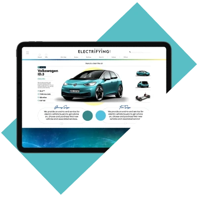 Tablet displaying an electric vehicle comparison webpage featuring the Volkswagen ID.3 on the Electrifying platform.
