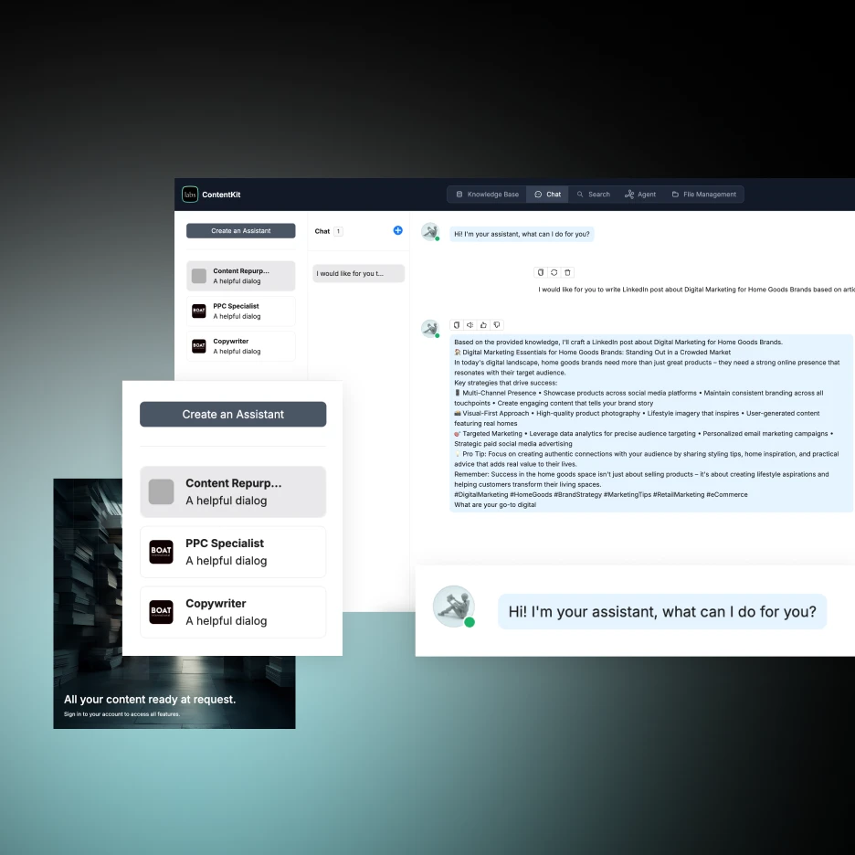 AI content assistant interface showing chat-based content generation with predefined roles such as copywriter and PPC specialist