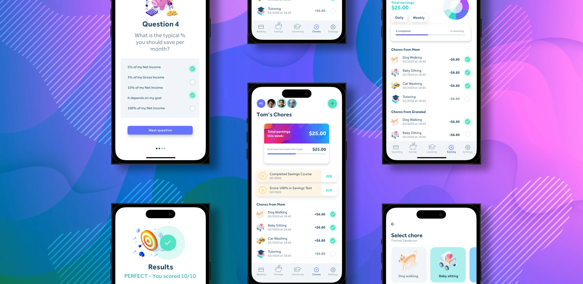 Multiple smartphone screens displaying personal finance mobile app interface with tasks, earnings, and quiz features