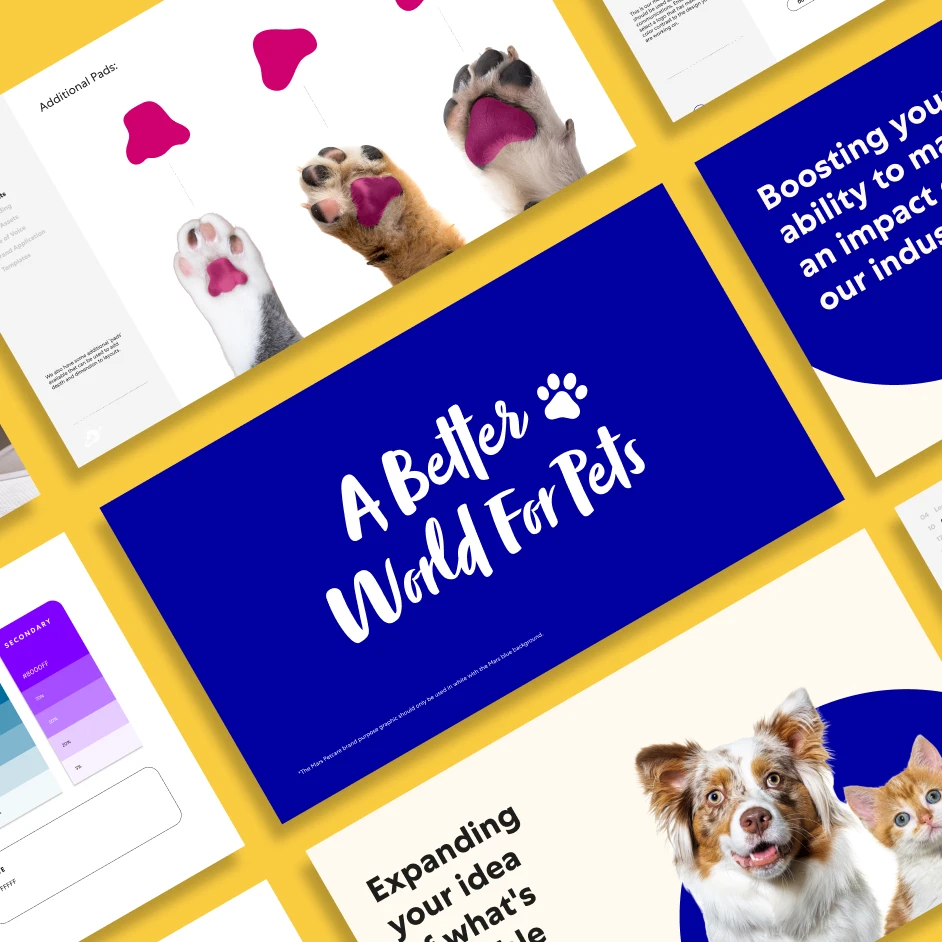 Branding presentation layout featuring playful pet imagery, paw illustrations, and a central slide reading “A Better World For Pets” on a blue background.