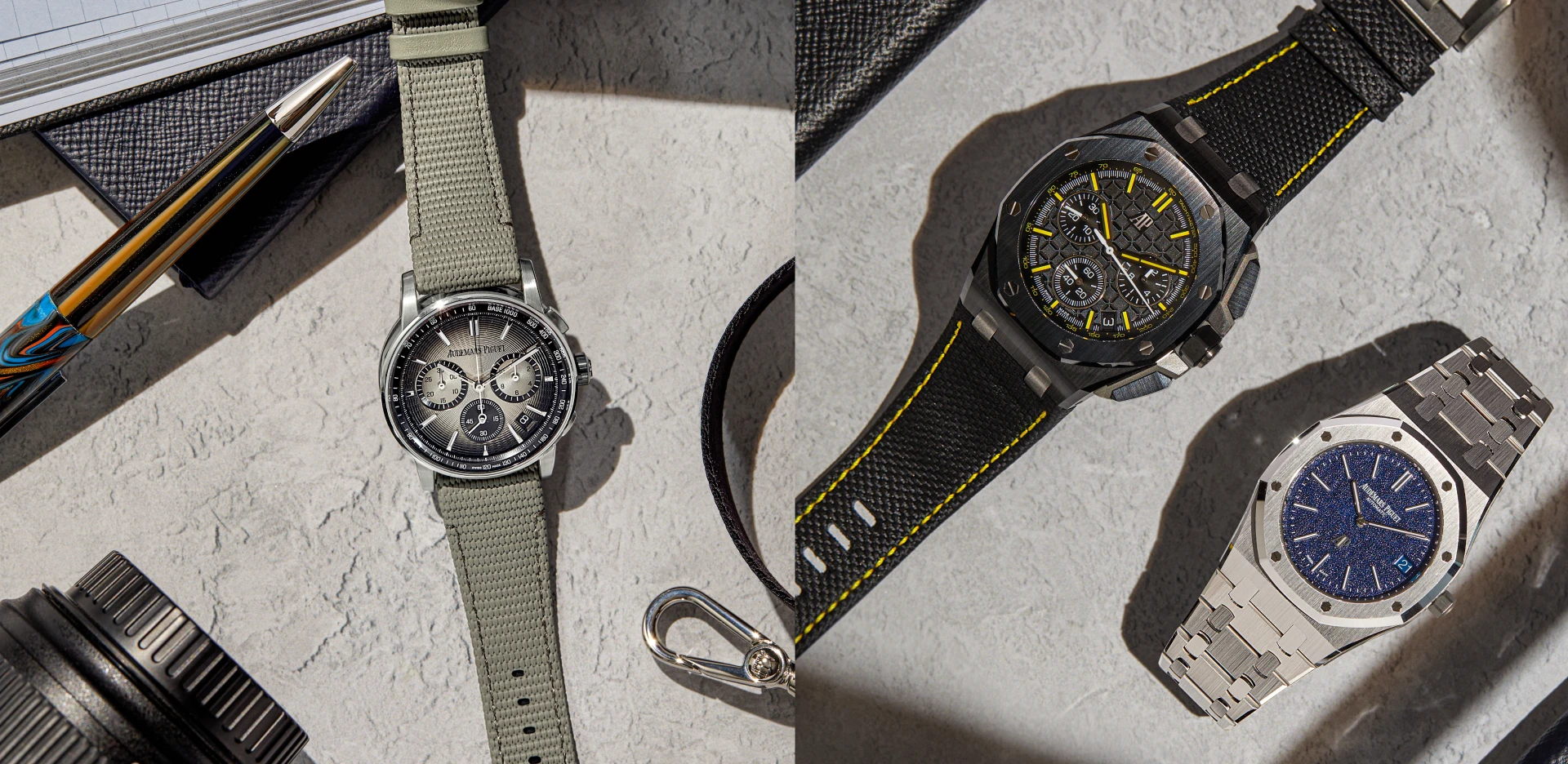 Flat-lay of luxury wristwatches with metal and fabric straps arranged on a stone surface, highlighting detailed watch faces, premium materials, and refined craftsmanship.