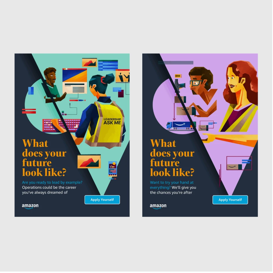 Two illustrated Amazon recruitment posters showing diverse people working with technology, titled “What does your future look like?” with apply-yourself call-to-action buttons.
