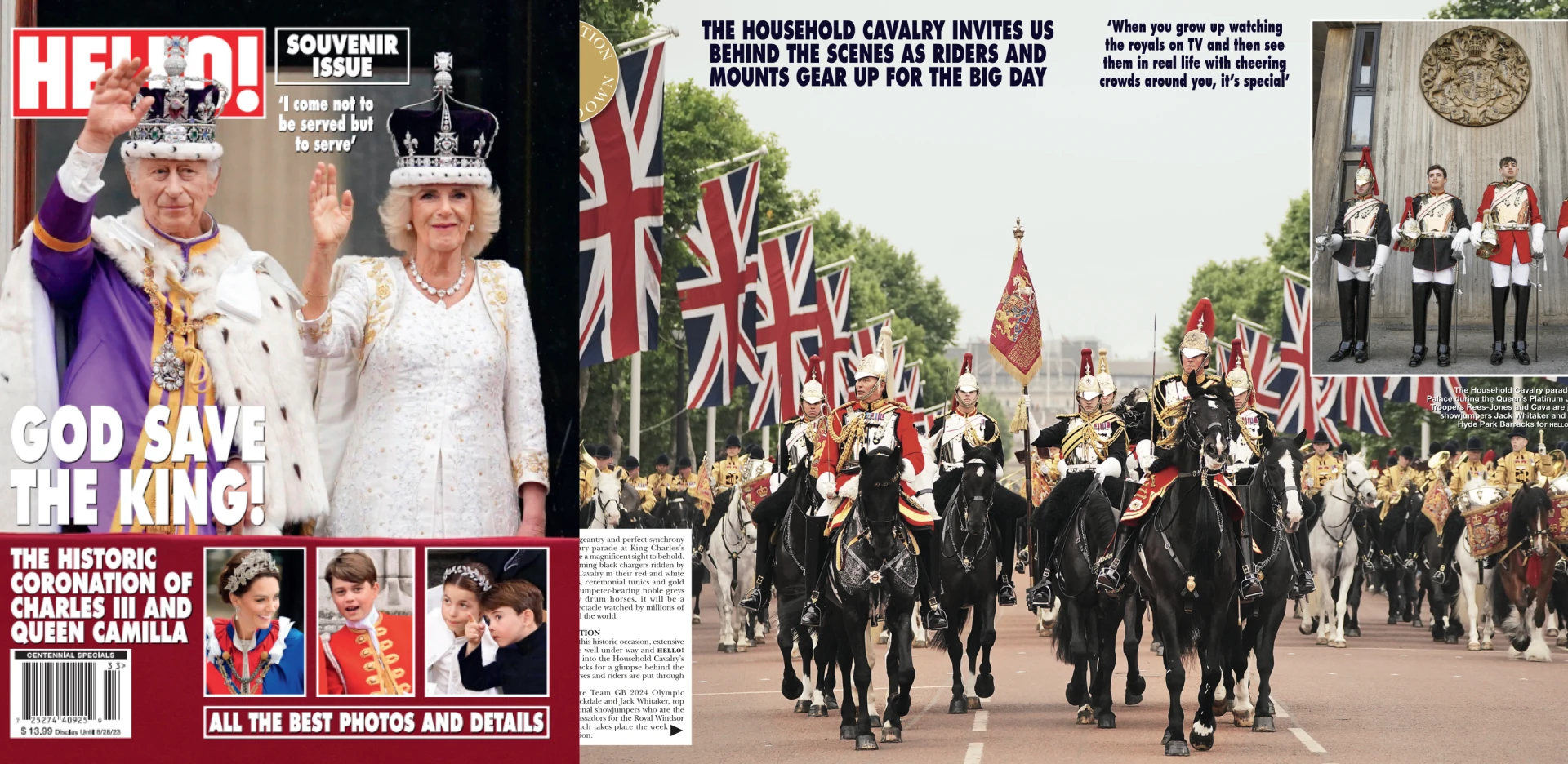 Magazine spread featuring a royal coronation theme, including a ceremonial procession on horseback with guards, national flags, and a cover image of crowned figures in formal regalia.