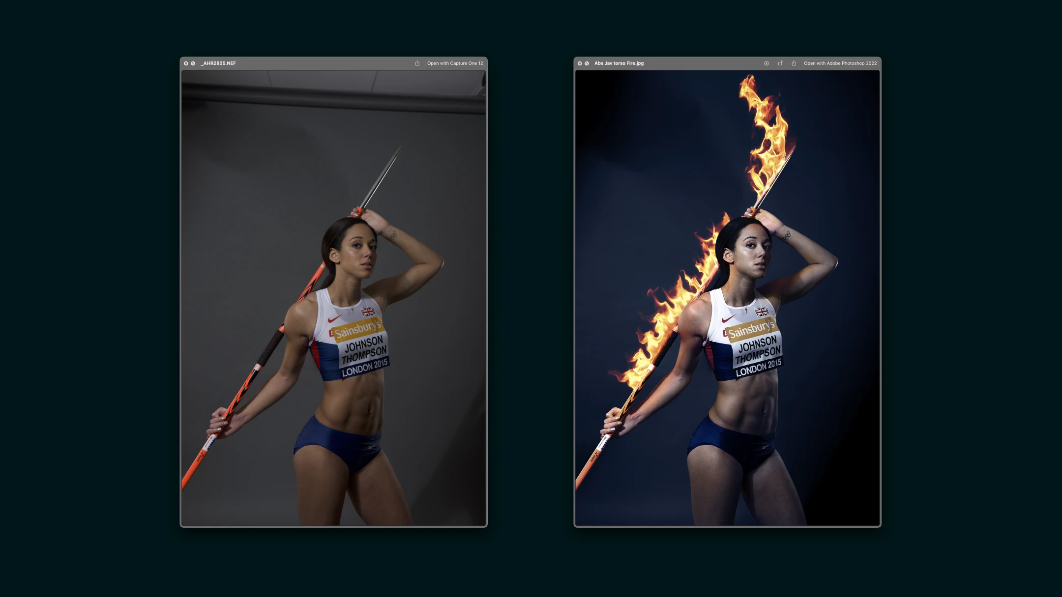 Before and after example of creative photo retouching showing an athlete holding a flaming javelin with dramatic visual effects added