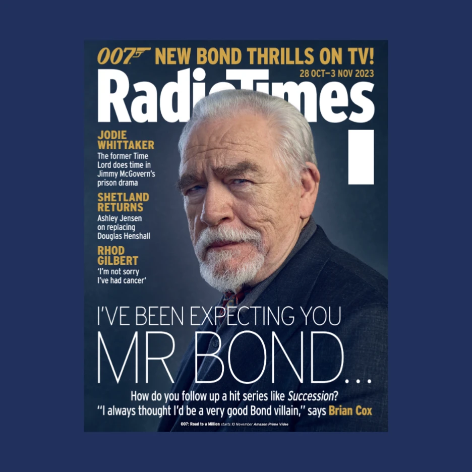 Magazine cover featuring an older male actor in a dramatic portrait, promoting television content with a James Bond–themed headline.