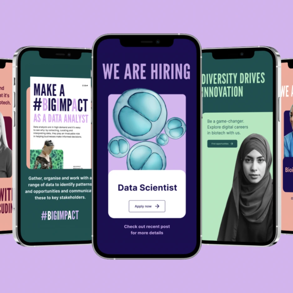 Row of smartphone screens displaying hiring and diversity-focused digital content, including a data scientist job posting and career messaging.