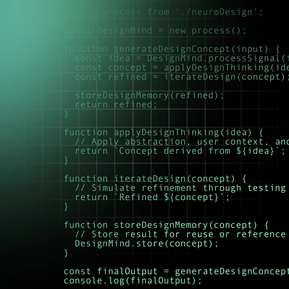 Abstract visualization of AI-driven design workflow with code representing concept generation and iteration