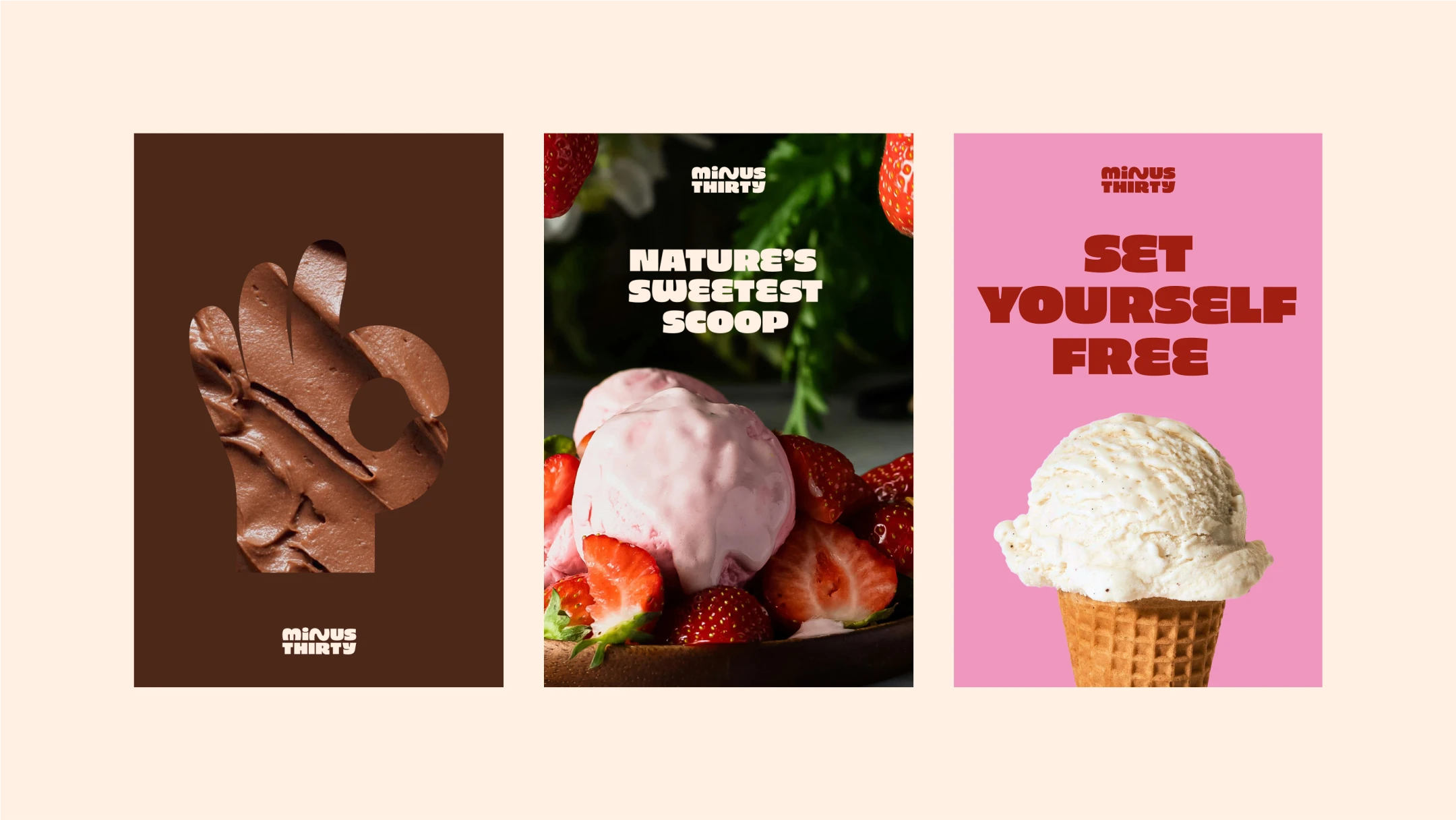 Campaign assets demonstrating the versatility of the Minus Thirty brand across messaging and visual styles.