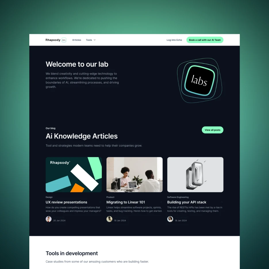 Rhapsody Labs website interface showcasing AI knowledge articles, tools, and innovation resources