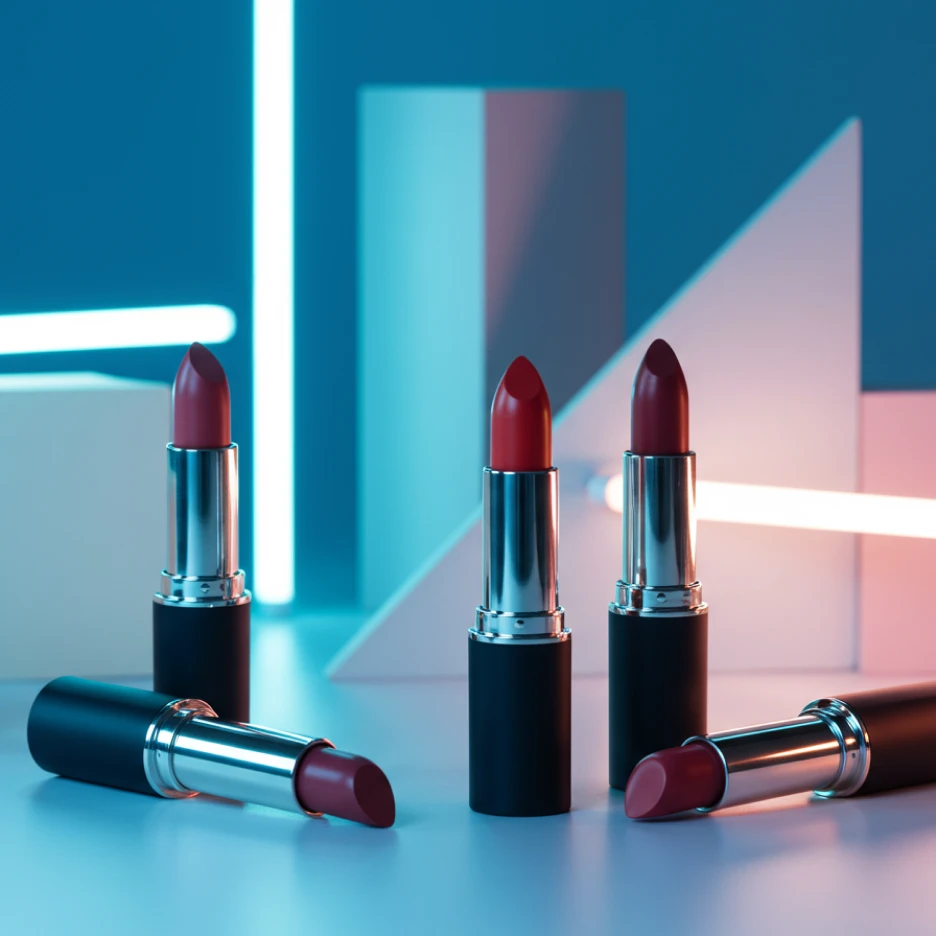 AI-generated image of multiple lipstick tubes arranged in a modern neon-lit studio setting