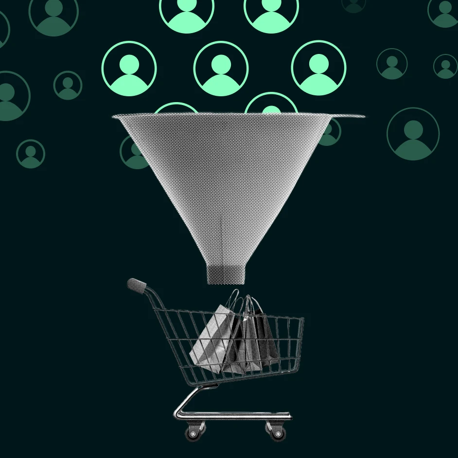 Illustration of ecommerce conversion funnel turning website visitors into shopping cart purchases