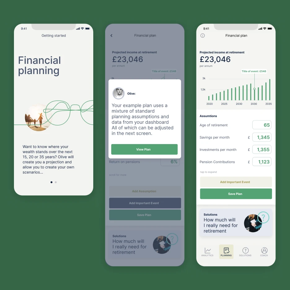 Mobile app screens showing financial planning interface with retirement projections and savings inputs