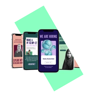 Collection of smartphone screens displaying nonprofit and social impact content, including hiring announcements, awareness messages, and community campaigns.