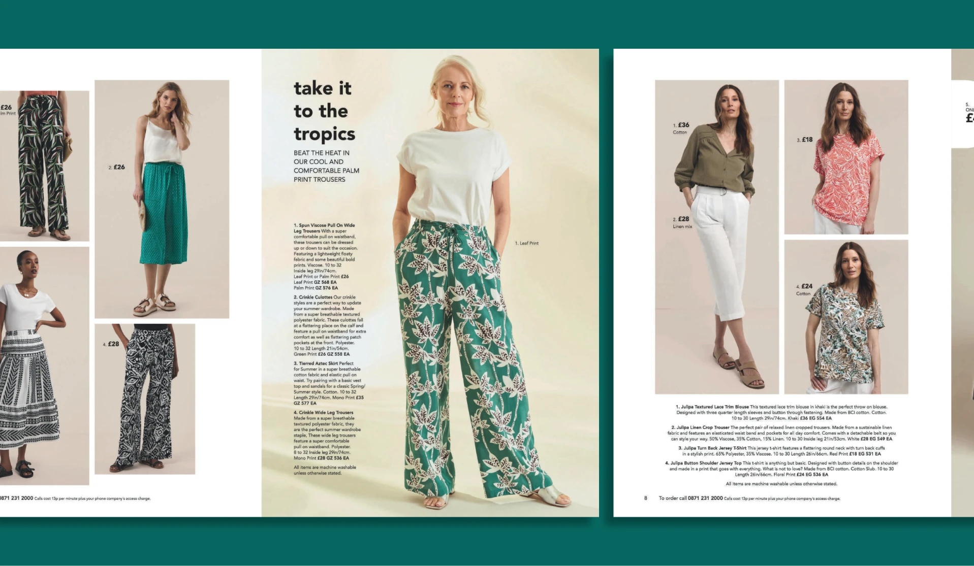 Fashion catalogue spread featuring models wearing summer outfits, including printed trousers, blouses, and lightweight clothing with prices and product details.