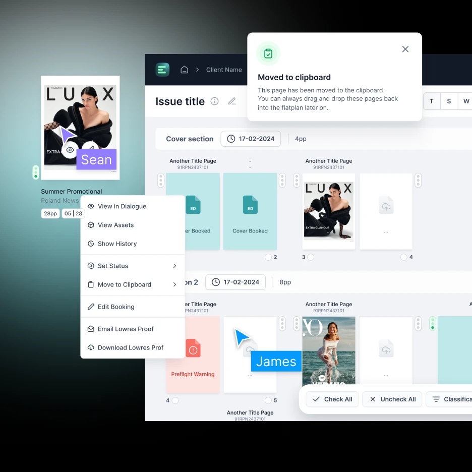 Content management interface showing page layout planning, issue sections, and a notification confirming pages moved to the clipboard