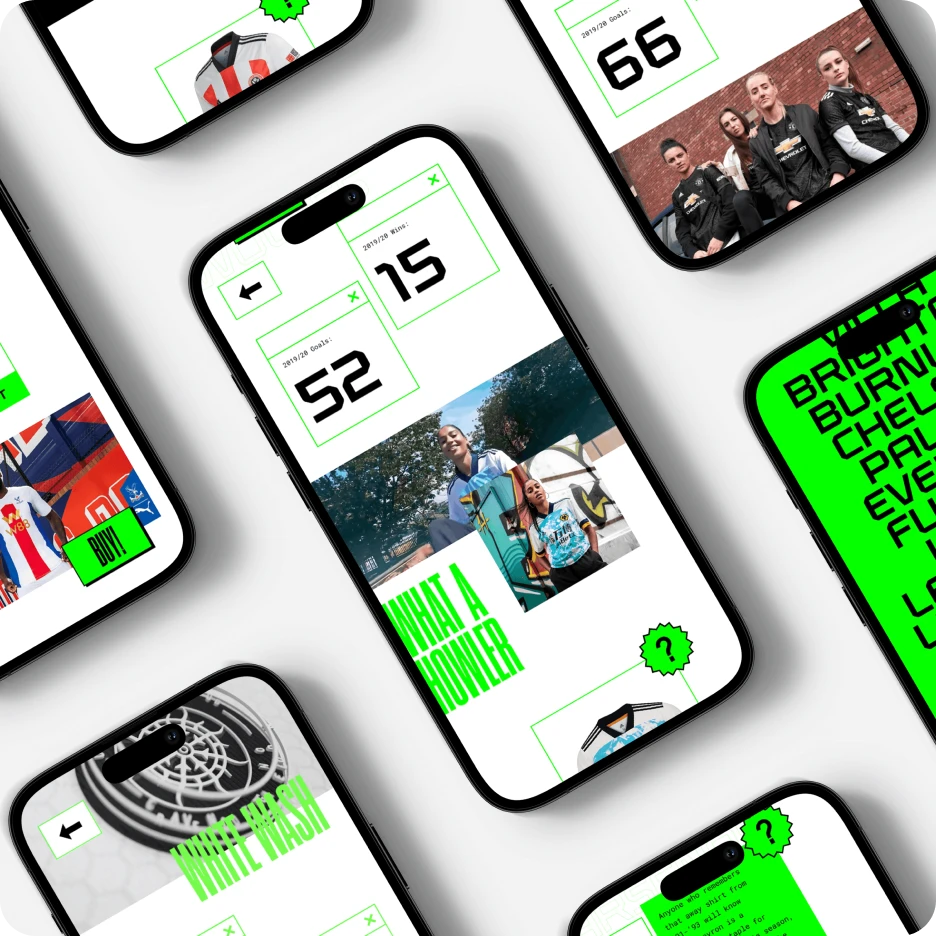 Mobile-first digital experience showing interactive sports content on smartphones, with bold neon-green UI elements, live scores, player highlights, and gamified navigation.