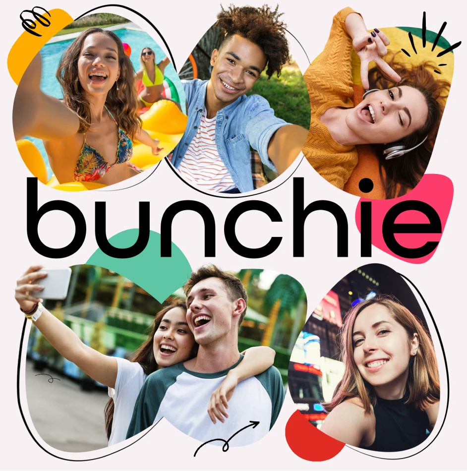 Collage of young people taking selfies and smiling in social settings, representing community, connection, and user-driven creative experiences for the Bunchie brand.