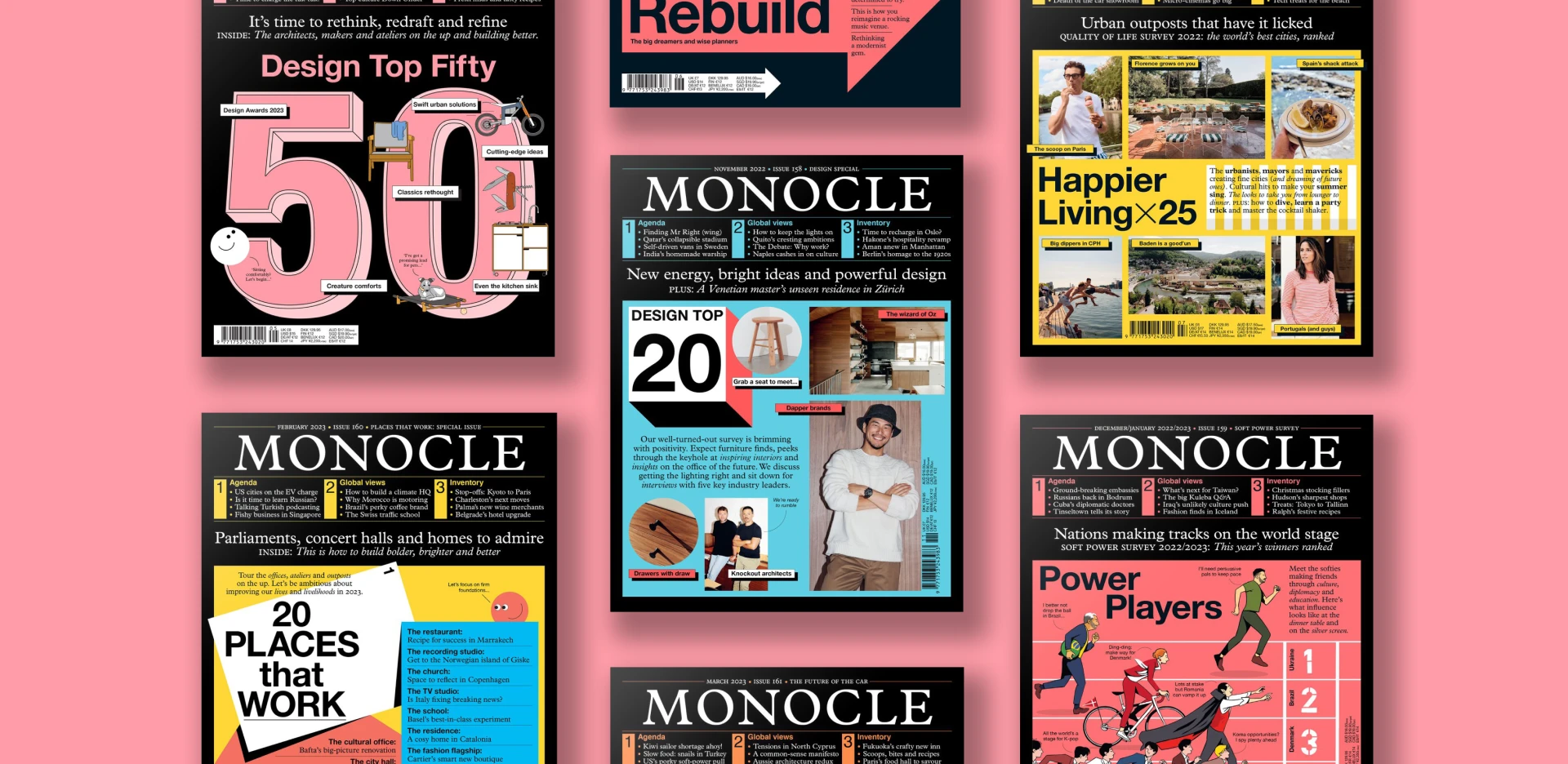 Various magazine cover layouts and editorial designs displayed as part of a professional pre-press print production process