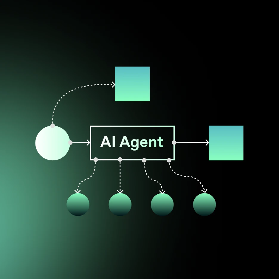 Diagram showing an AI agent coordinating multiple connected tasks and outputs in a workflow