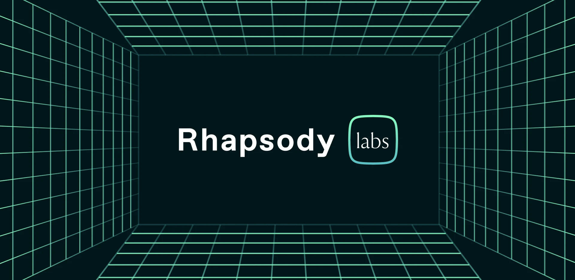 Rhapsody Labs branding displayed in a digital grid environment representing AI innovation and experimentation