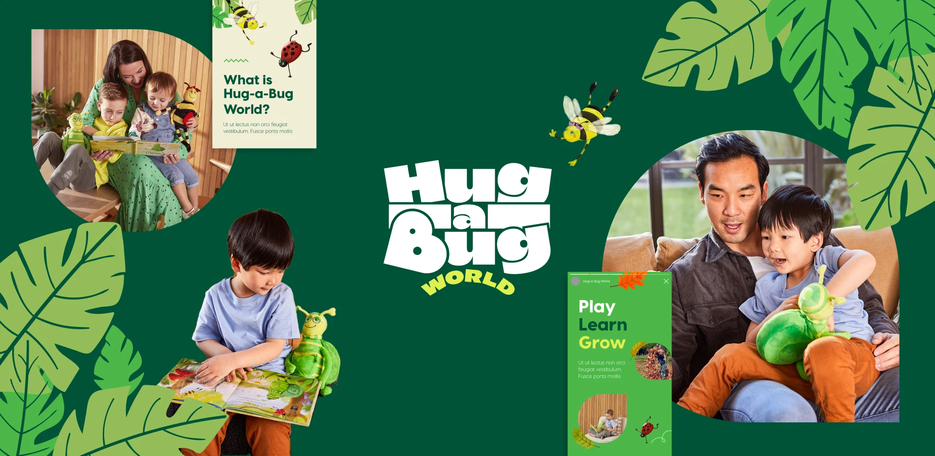 Playful children’s education brand design featuring illustrated insects, kids reading books, and family learning moments