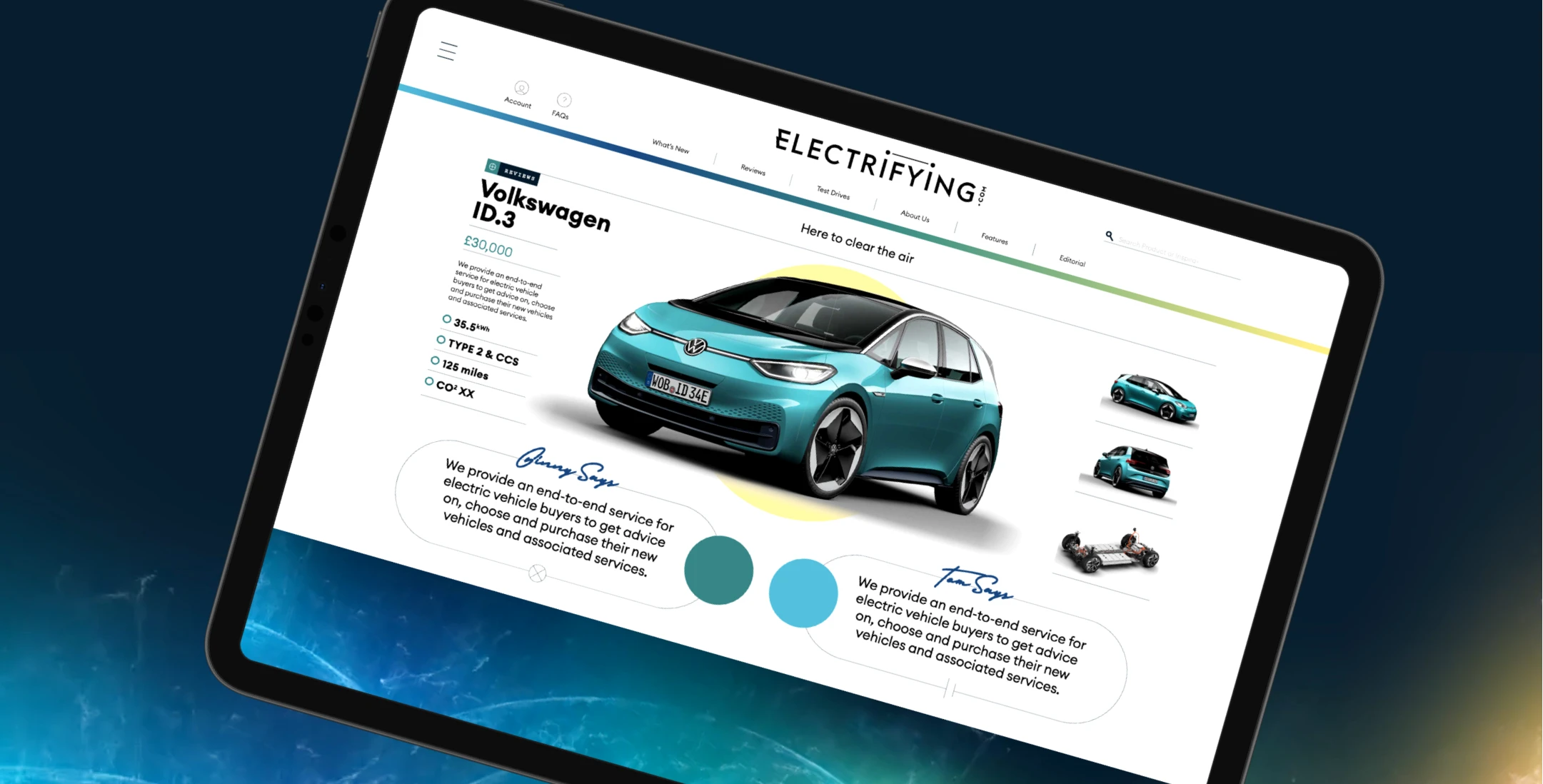 Tablet displaying an electric vehicle review page featuring a compact electric car, performance specs, pricing, and multiple vehicle views on a clean automotive comparison interface.
