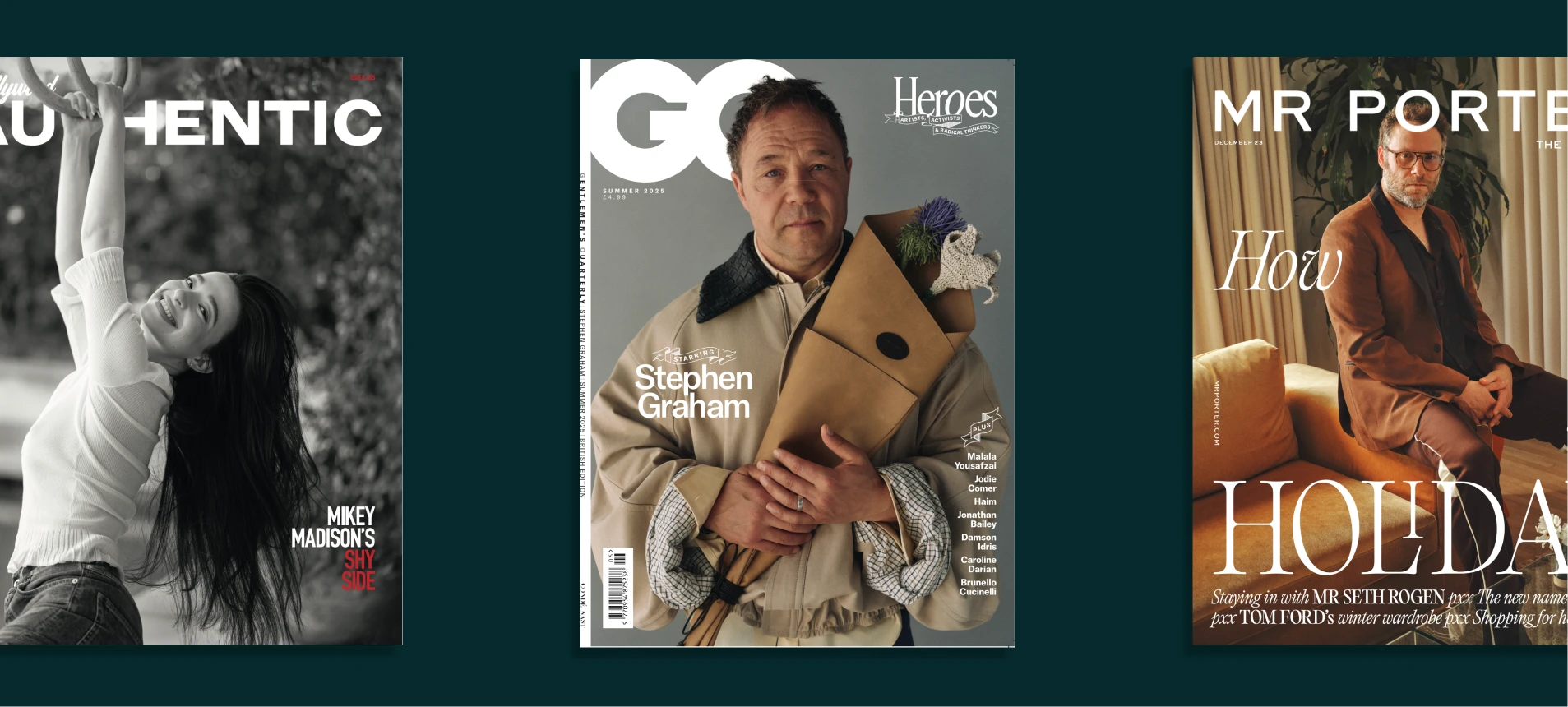Collection of editorial magazine covers for fashion and lifestyle publications including GQ and MR PORTER