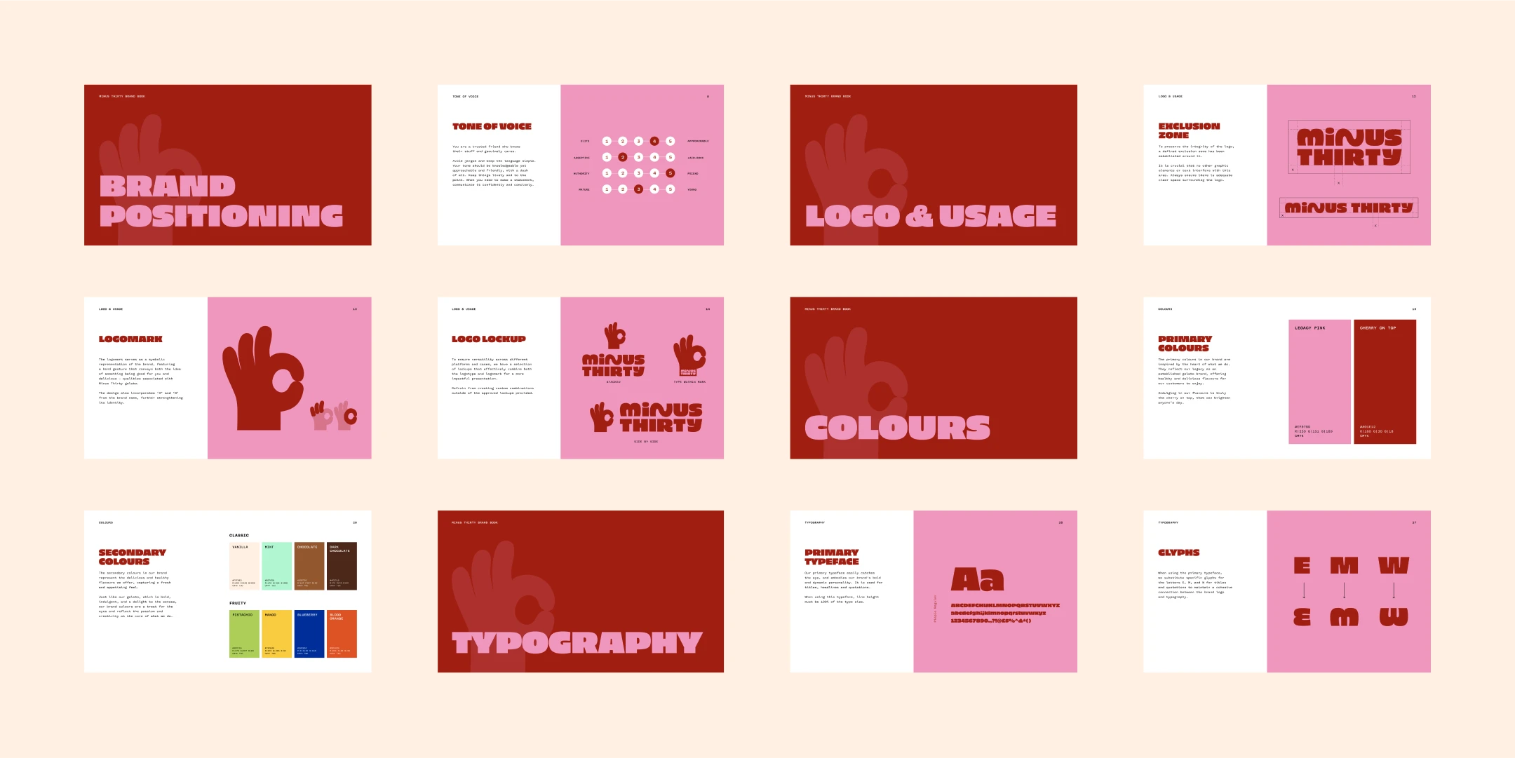 Minus Thirty brand guidelines showing logo usage, colour palette, typography and tone of voice developed as part of the brand refresh