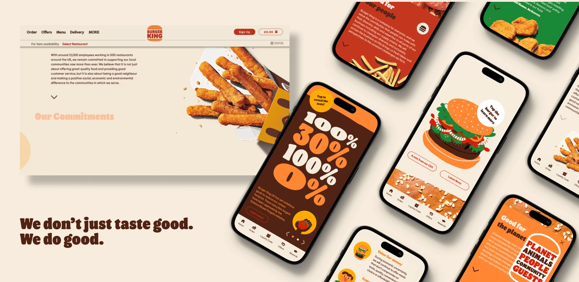 Burger King digital brand experience showcasing sustainability messaging across website and mobile app screens