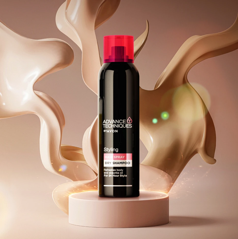 Black bottle of styling dry shampoo displayed on a pedestal with flowing cream-like textures in the background, highlighting a premium haircare product.
