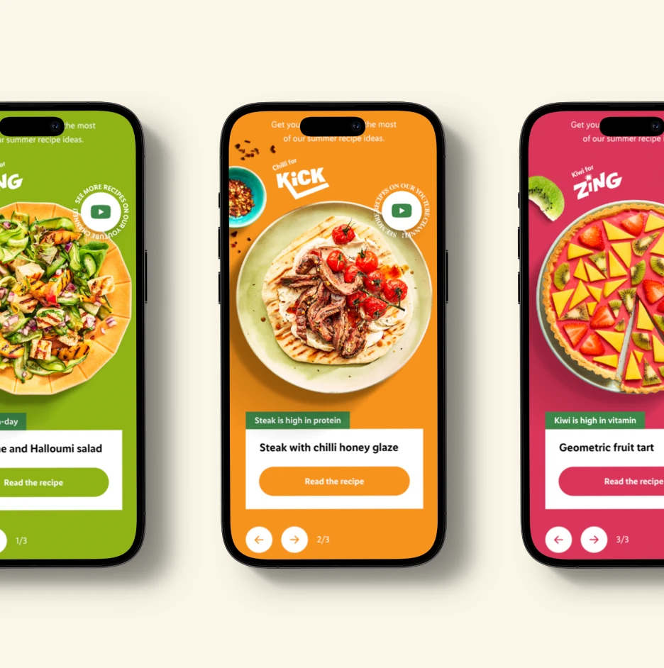 Three smartphone screens showing colorful summer recipe cards, including salad, steak, and fruit dessert dishes in a food app interface.