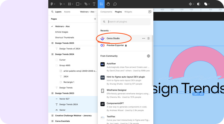 A screenshot showcasing Ceros' new Figma integration by displaying the Figma interface with the "Ceros Studio" plugin highlighted in the right-hand sidebar, under the "Plugins" tab.