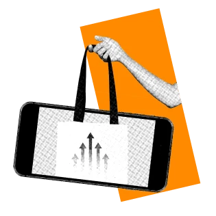 Illustration of a hand holding a smartphone like a shopping bag, with upward arrows on the screen representing e-commerce growth.
