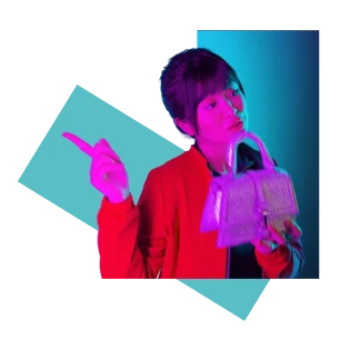 Fashion model holding a small handbag under vibrant neon lighting, showcasing modern apparel and accessories styling.
