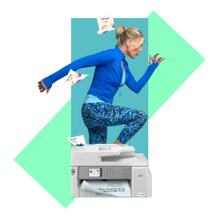 Woman in athletic clothing stepping forward above an office printer, illustrating agility and innovation in a technology or SaaS environment.