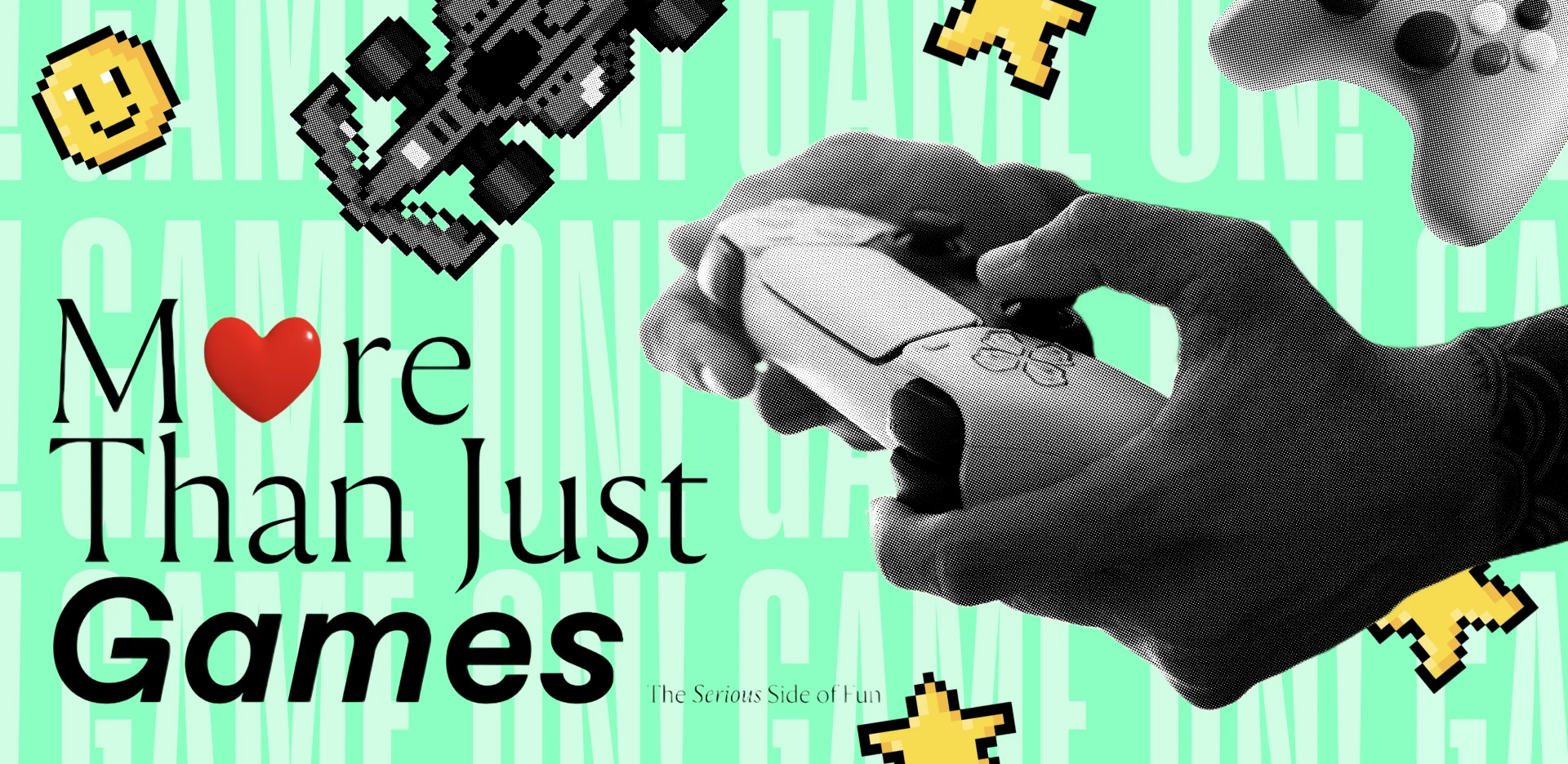 Collage-style illustration showing hands holding a game controller with playful gaming icons and the text “More than just games” on a green background.