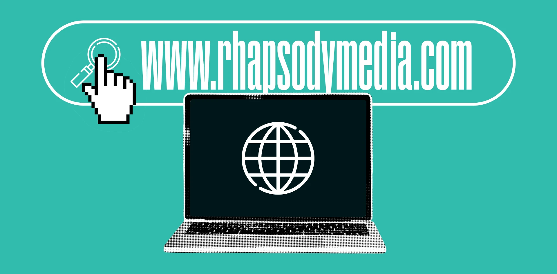 Laptop displaying a globe icon beneath the URL with a cursor clicking, representing website optimisation and digital growth.