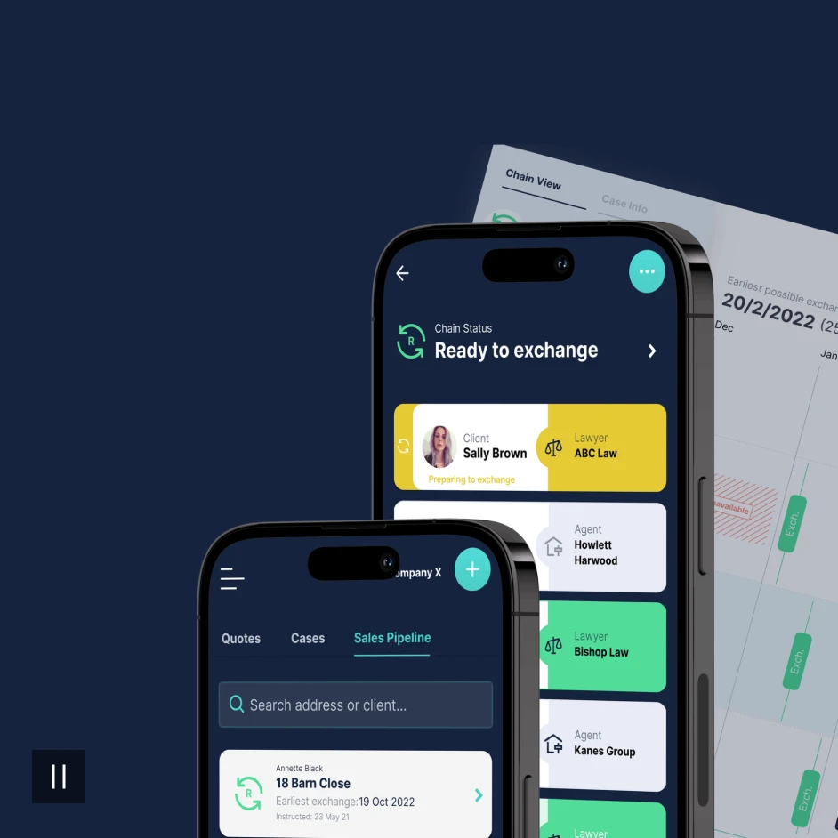 Mobile UX interface showing sales pipeline app with client cases, exchange status, and workflow management on smartphone screens